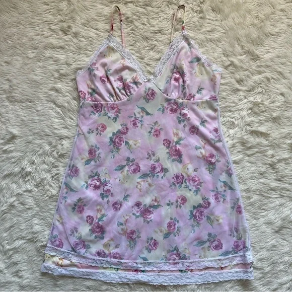 Pucker Up Slip Nightgown Sleepwear Vintage Floral Lace Pink L - Picture 3 of 12